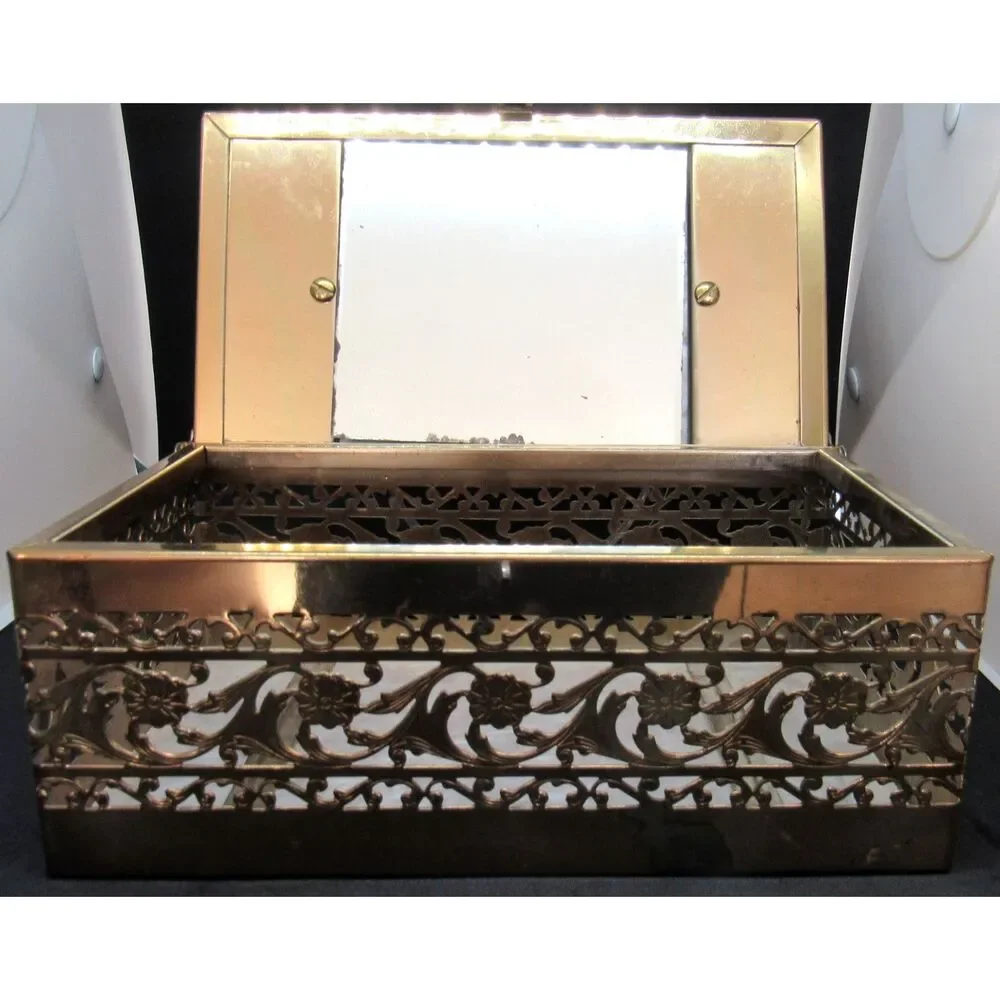 Lucite pearl purse box brass filigree trim with Mirror handbag 1950 mid century